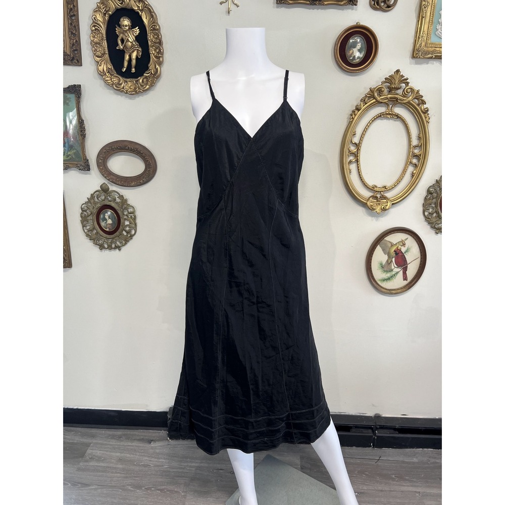 Vintage Black Slip Dress Midi Length Minimalist 90s Grunge Layering Dress Medium